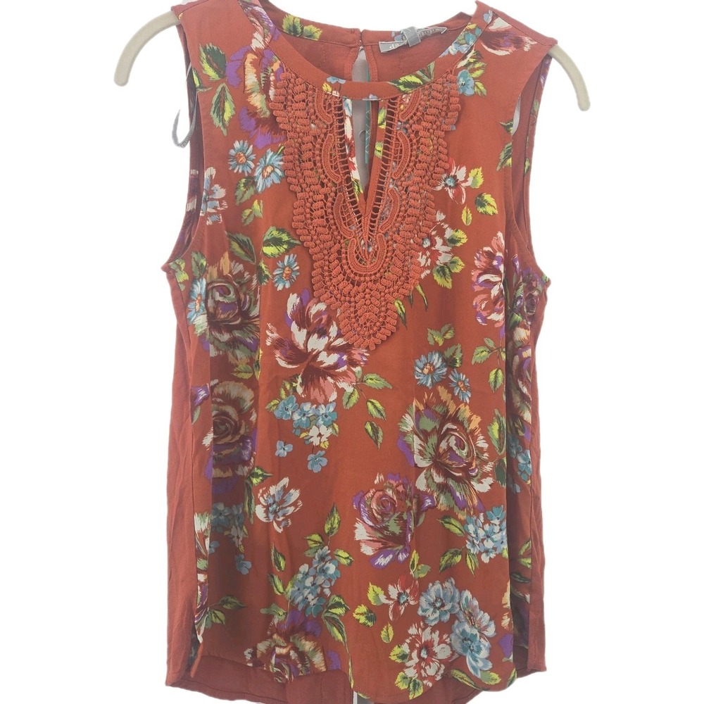 Daniel Rainn Women's Small Quinn Keyhole Crochet Top Burnt Orange Chiffon Jersey